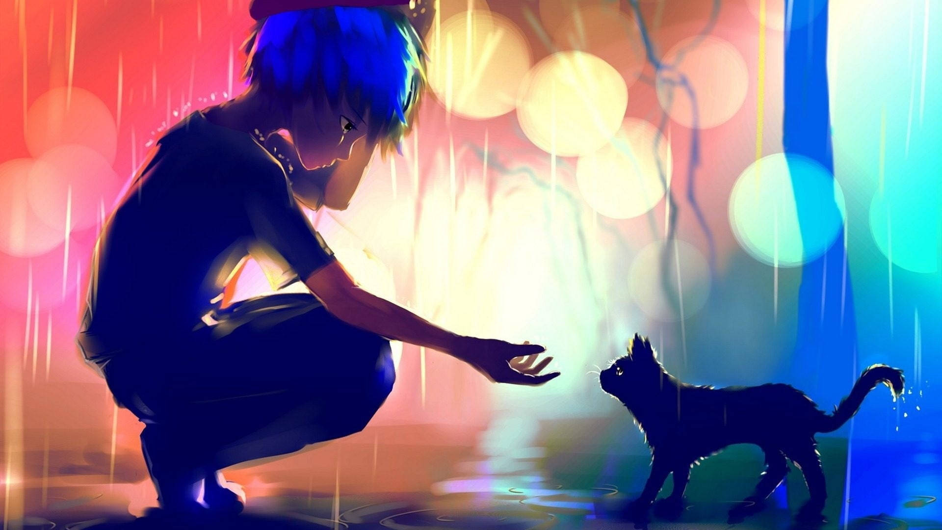 blue-haired anime boy, rain, small black cat, Full HD Desktop Wallpaper