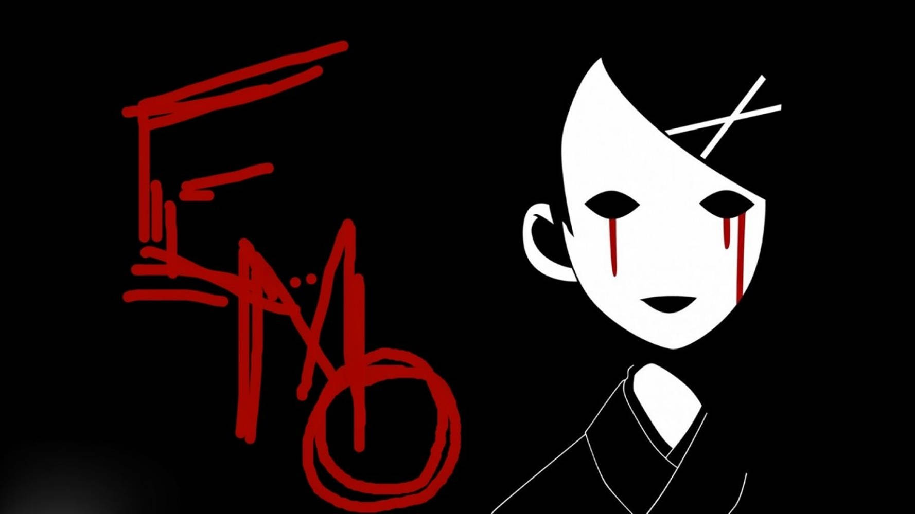stark white stylized face, red tears, red graffiti tag, HD Desktop Wallpaper