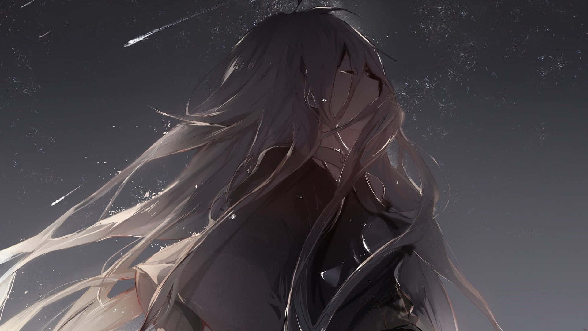 anime girl, long flowing hair, starry night sky, Full HD Desktop Wallpaper
