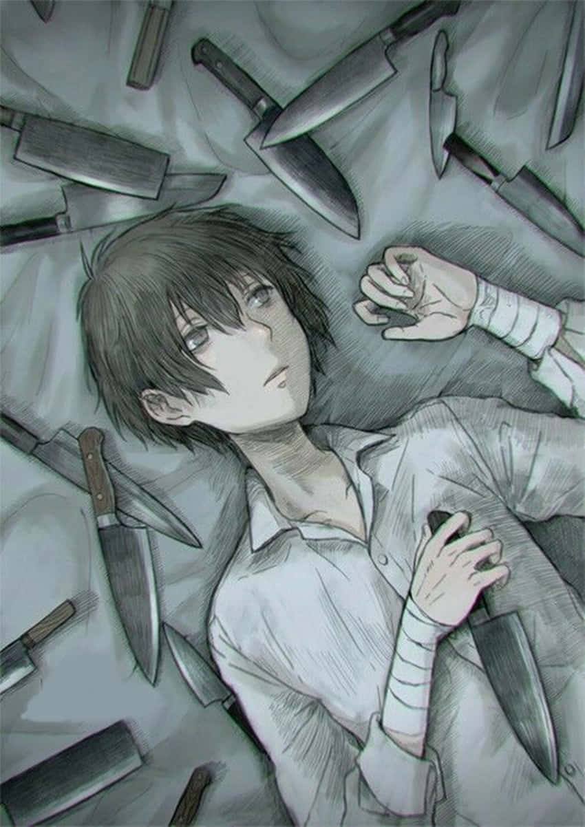 depressed anime boy, young anime character, knives, SD Phone Wallpaper