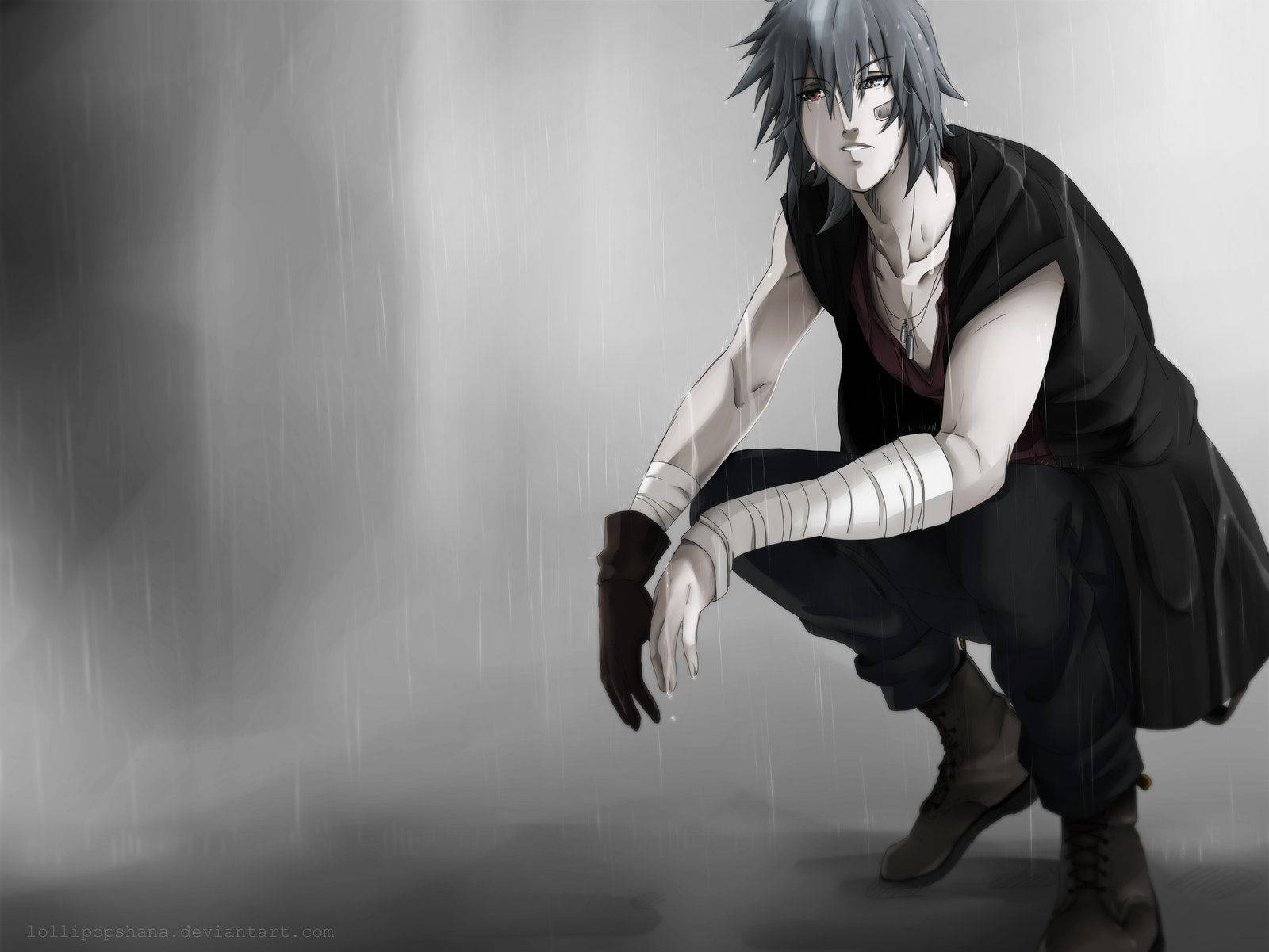 anime character, monochrome rainstorm, bandaged arms, HD Desktop Wallpaper
