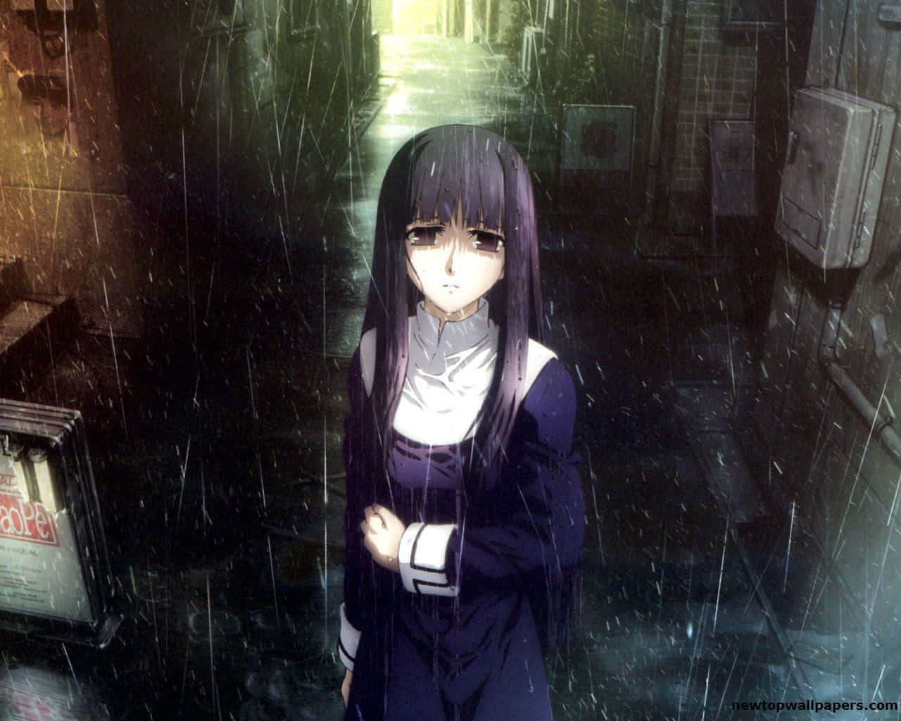 anime girl, long dark hair, rain-slicked alleyway, HD Desktop Wallpaper
