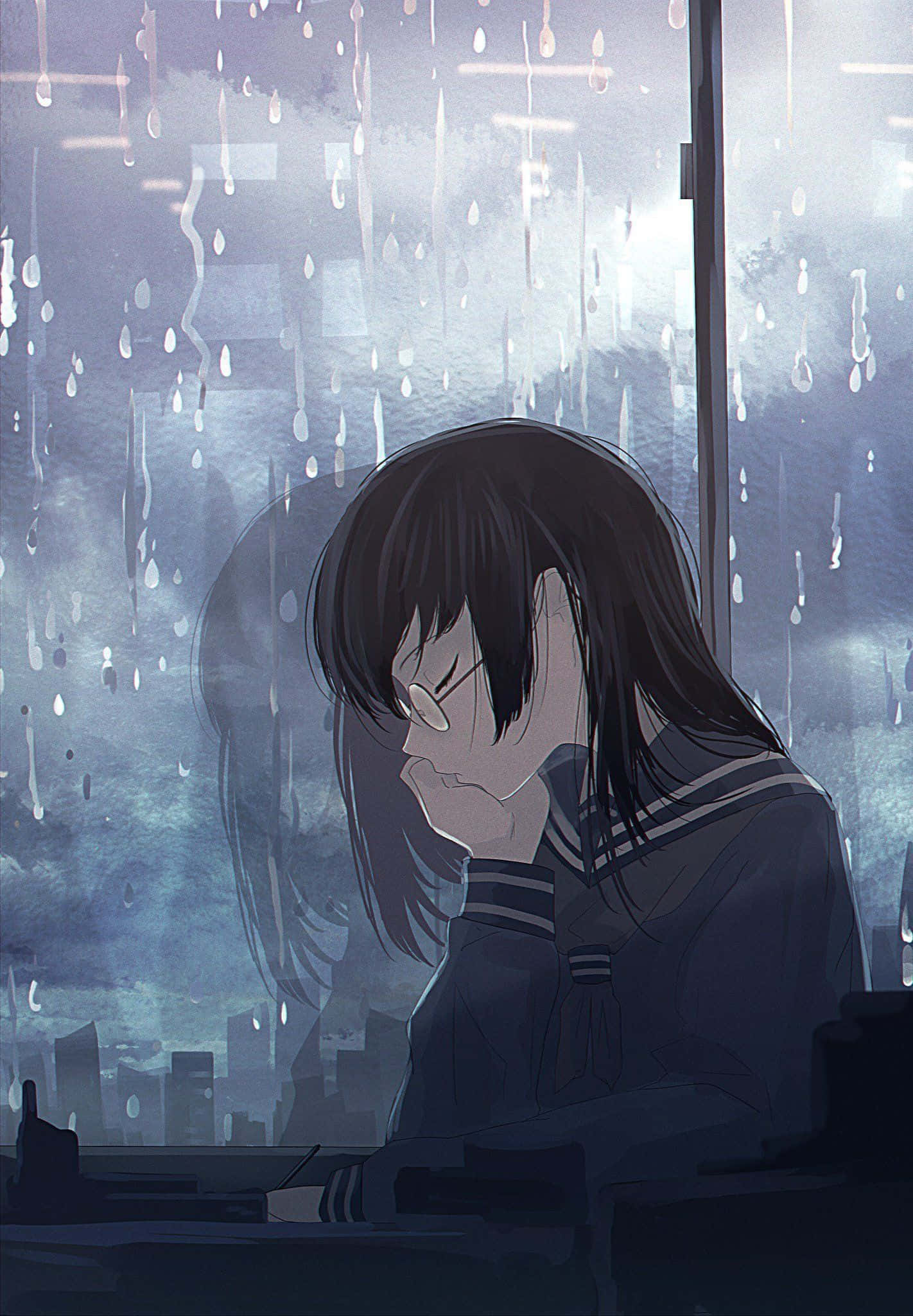 anime girl, school uniform, rain-streaked window, Full HD Phone Wallpaper
