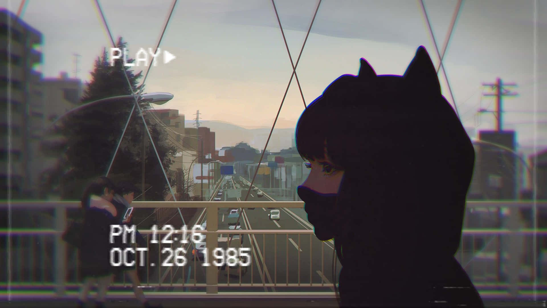 cat girl, cat hoodie, city street, Full HD Desktop Wallpaper
