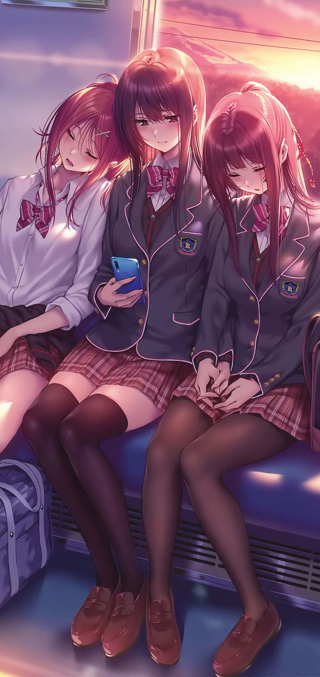 anime girls, school uniforms, train bench, Full HD Phone Wallpaper
