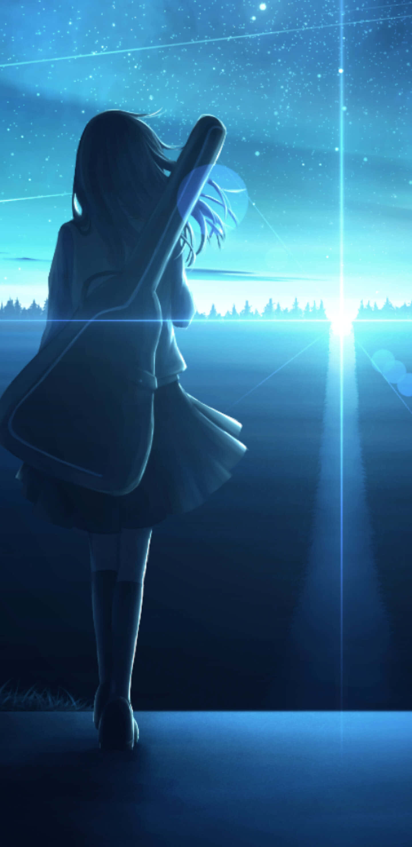 anime girl, school uniform, road at night, 2K Phone Wallpaper