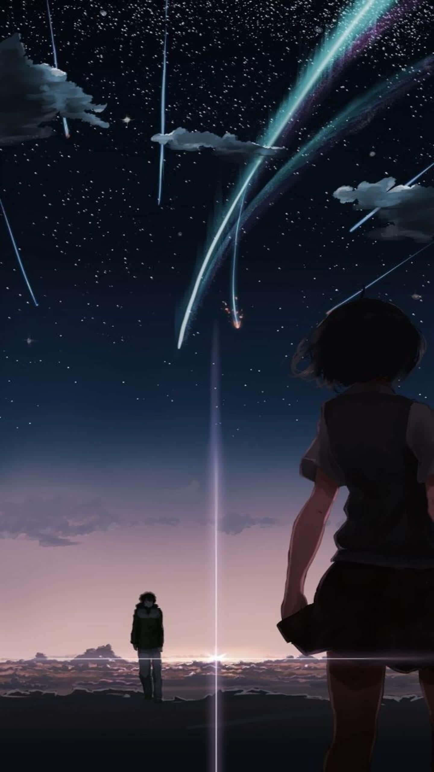 twilight shore, starry sky, glowing cosmic trails, 2K Phone Wallpaper