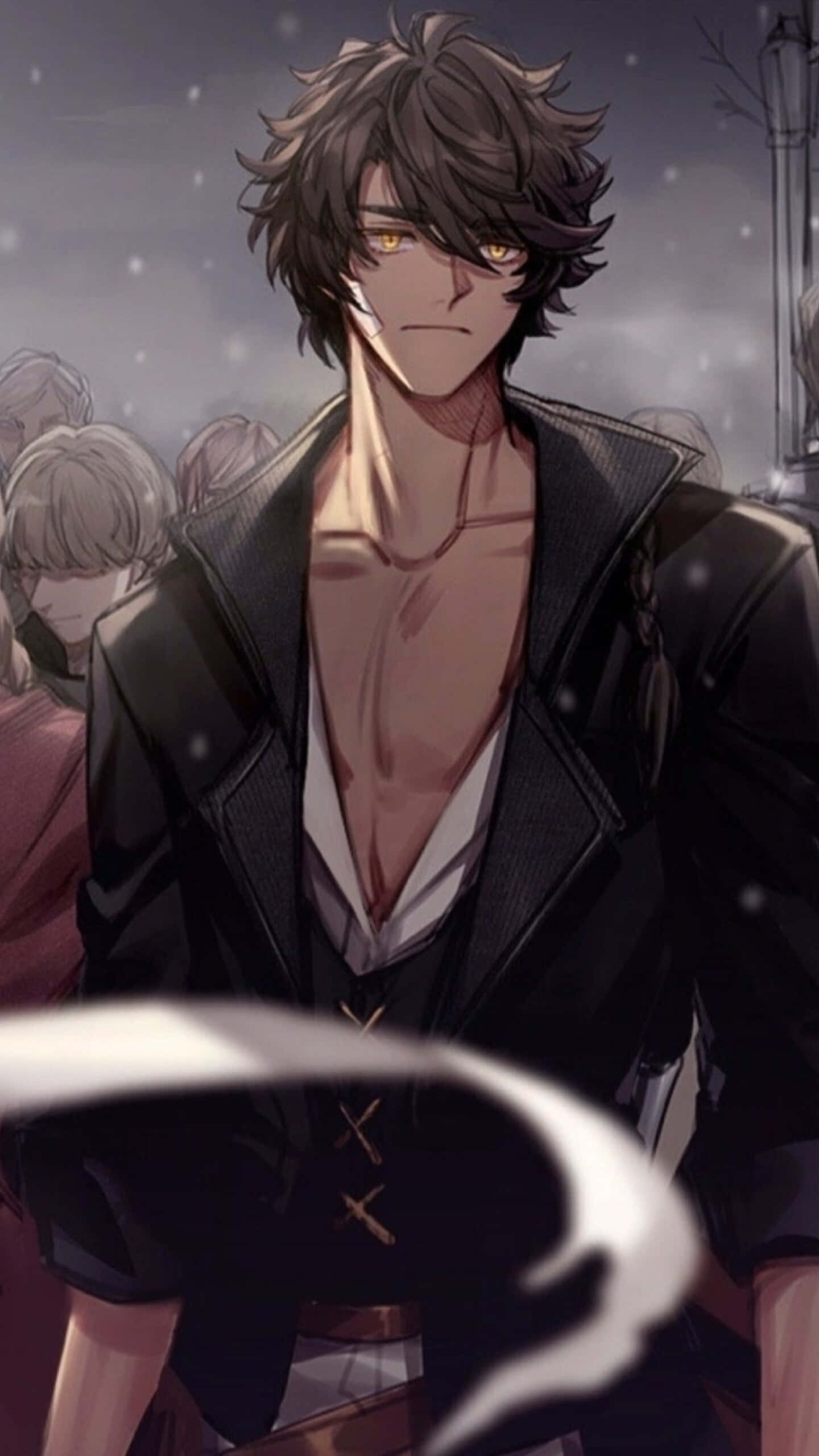 dark-haired anime man, golden eyes, snowy night scene, 2K Phone Wallpaper