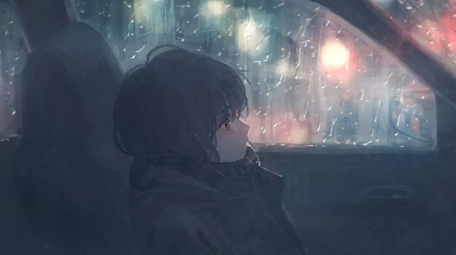 anime girl, car, rain-streaked window, HD Desktop Wallpaper