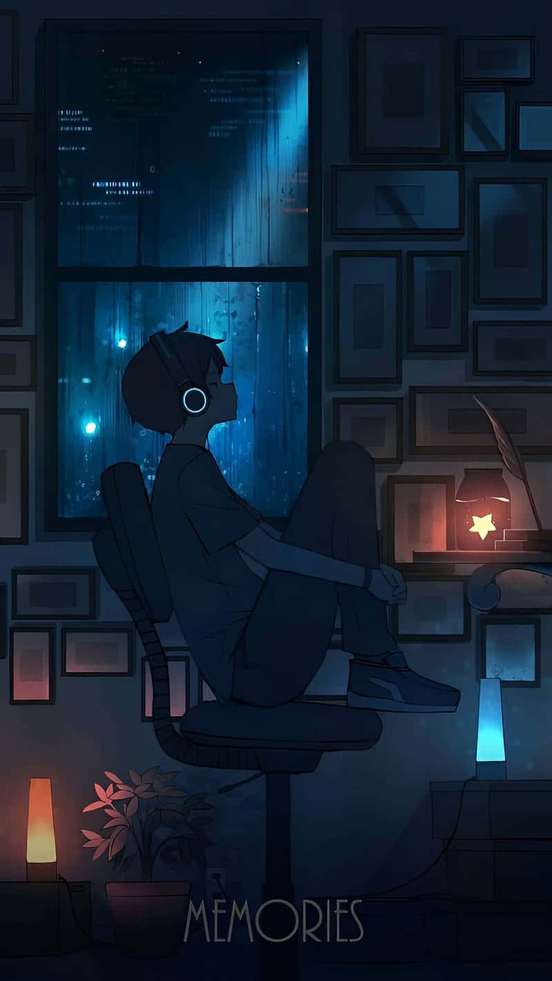 anime boy, dim room, blue light, HD Phone Wallpaper