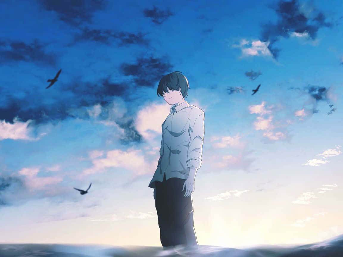 anime boy, white shirt, misty horizon, SD Desktop Wallpaper