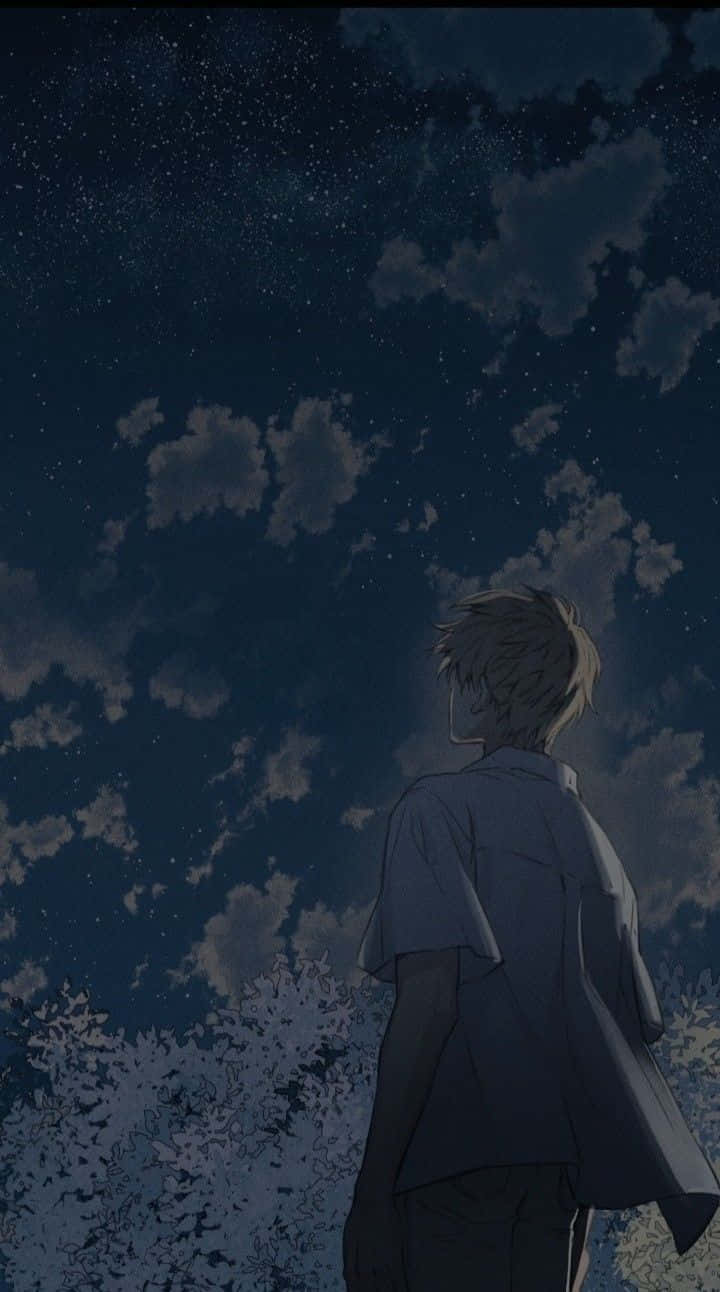 anime boy, blue shirt, starry night sky, HD Phone Wallpaper
