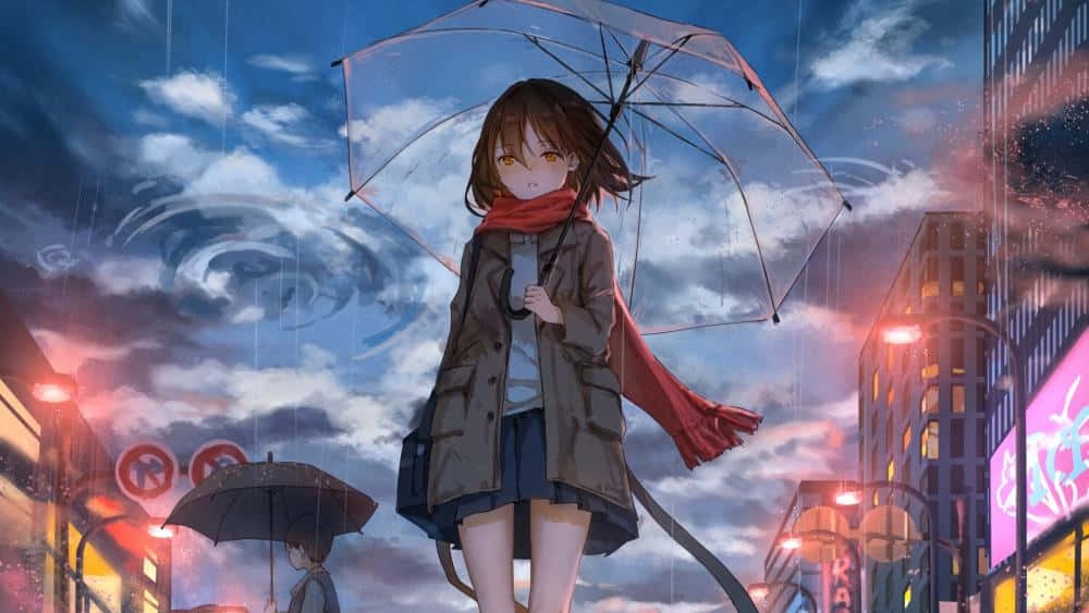 anime girl, brown hair, red scarf, SD Desktop Wallpaper