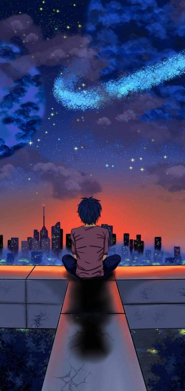 anime boy, rooftop ledge, twilight cityscape, HD Phone Wallpaper