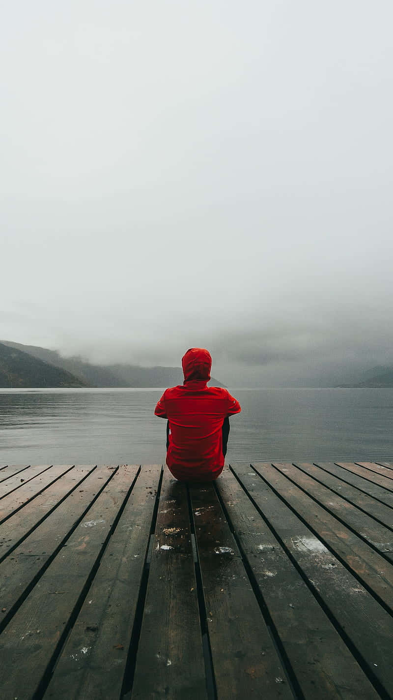 red hooded jacket, weathered wooden dock, misty lake, HD Phone Wallpaper
