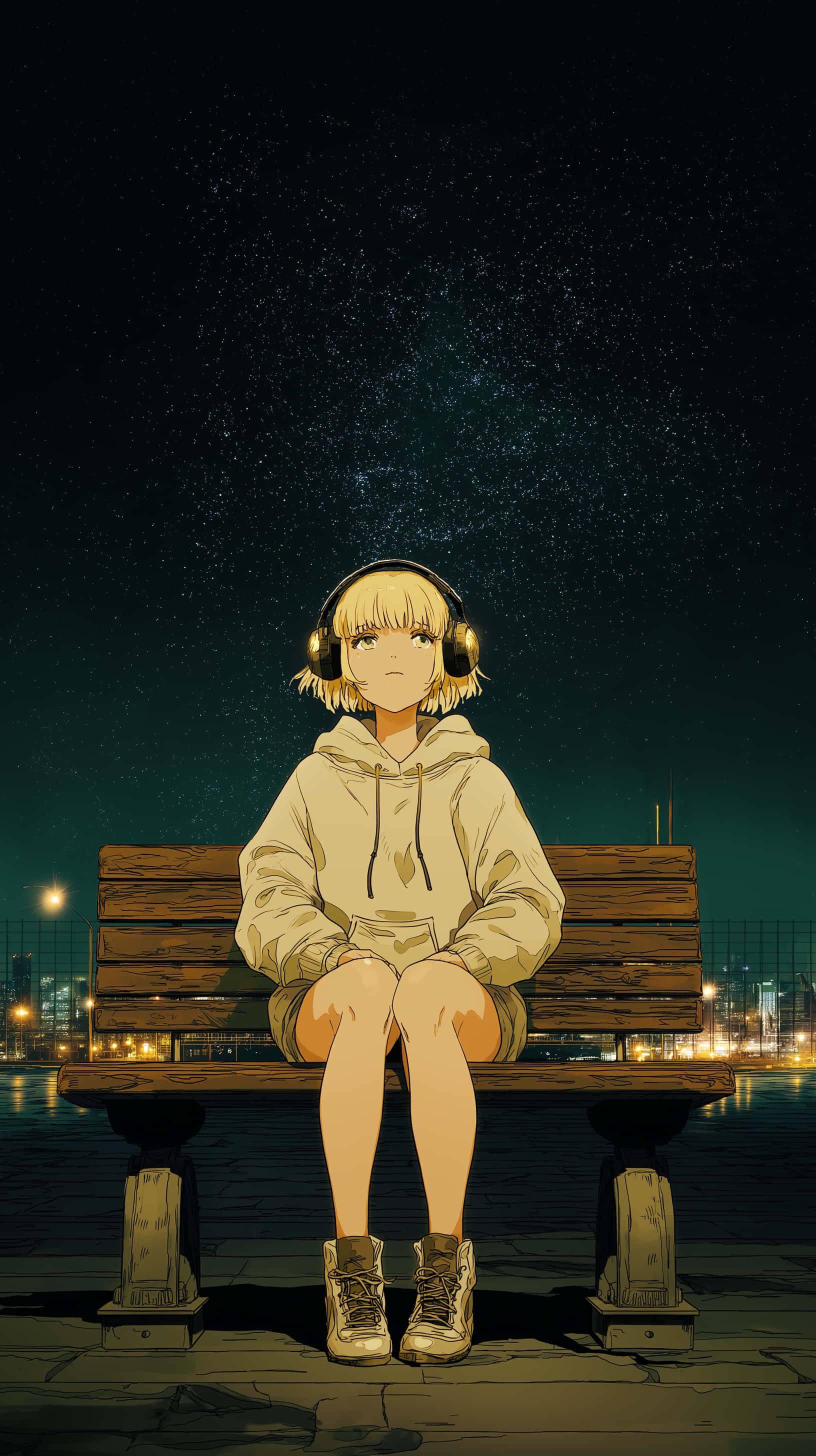 anime girl, blonde hair, wooden bench, 2K Phone Wallpaper