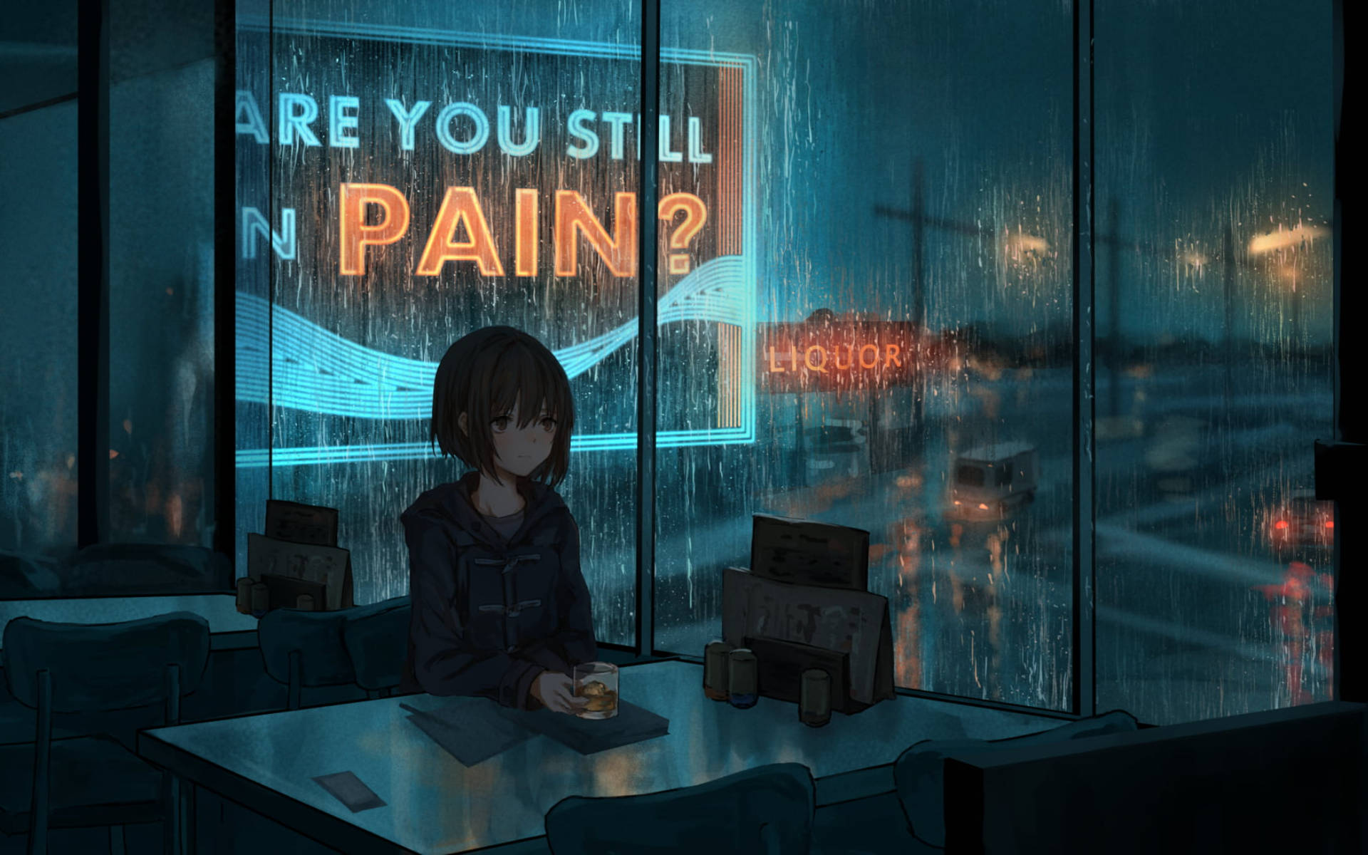 anime girl, cozy café, rainy night, Full HD Desktop Wallpaper
