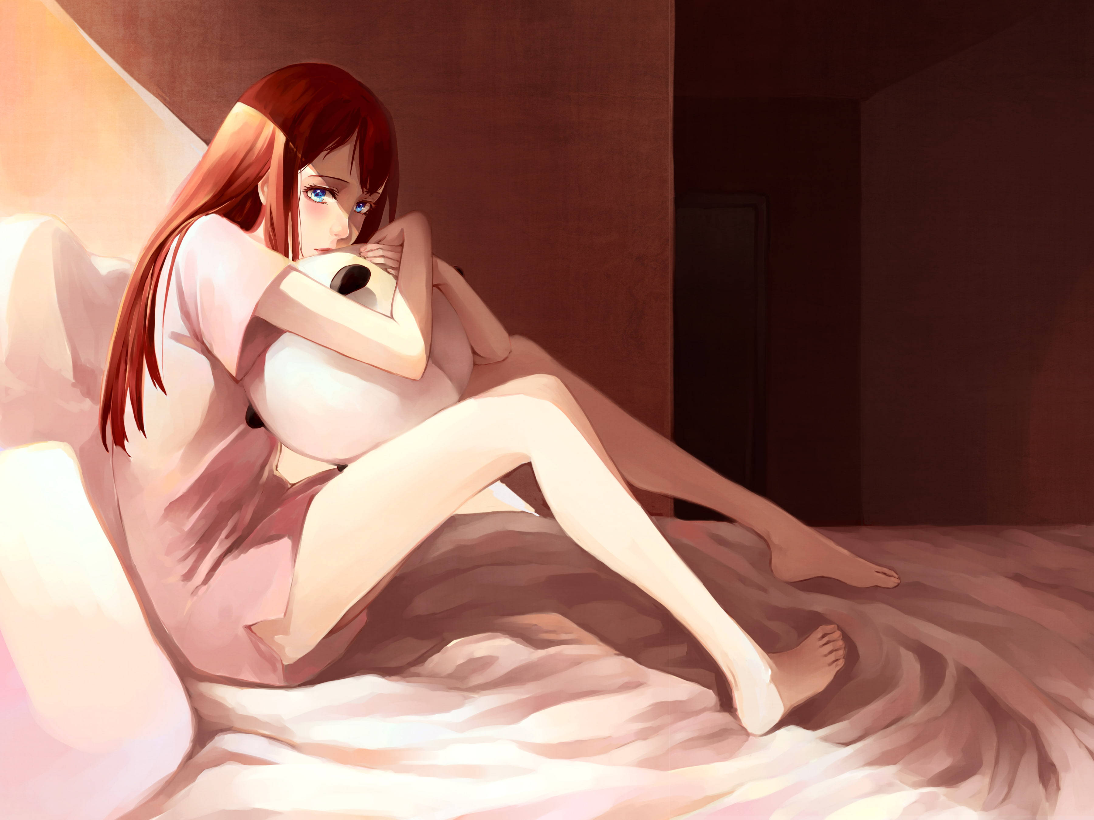 red-haired anime girl, blue eyes, plush toy, 2K Desktop Wallpaper