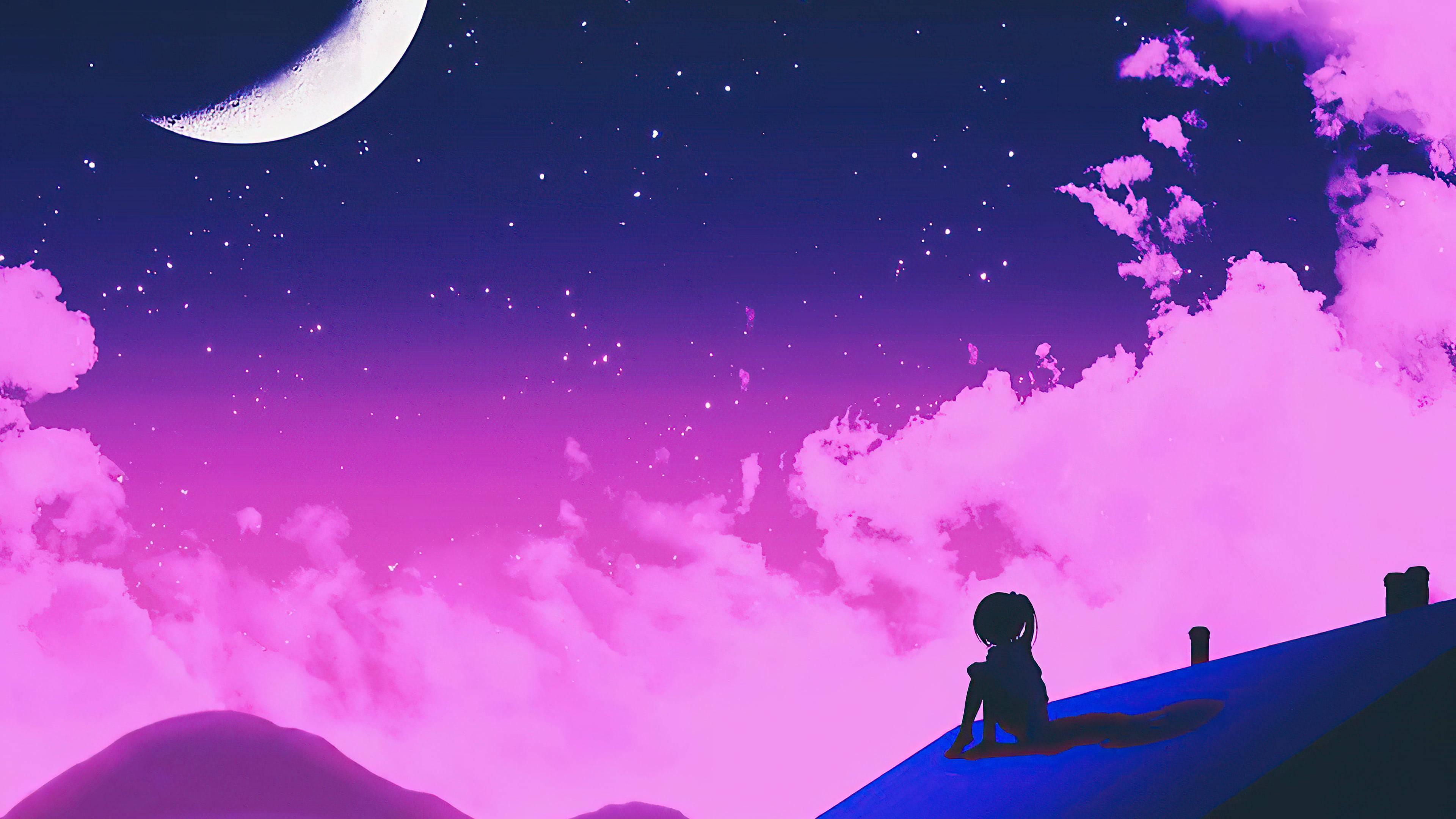 Purple Girl, anime girl, hill, 4K Desktop Wallpaper