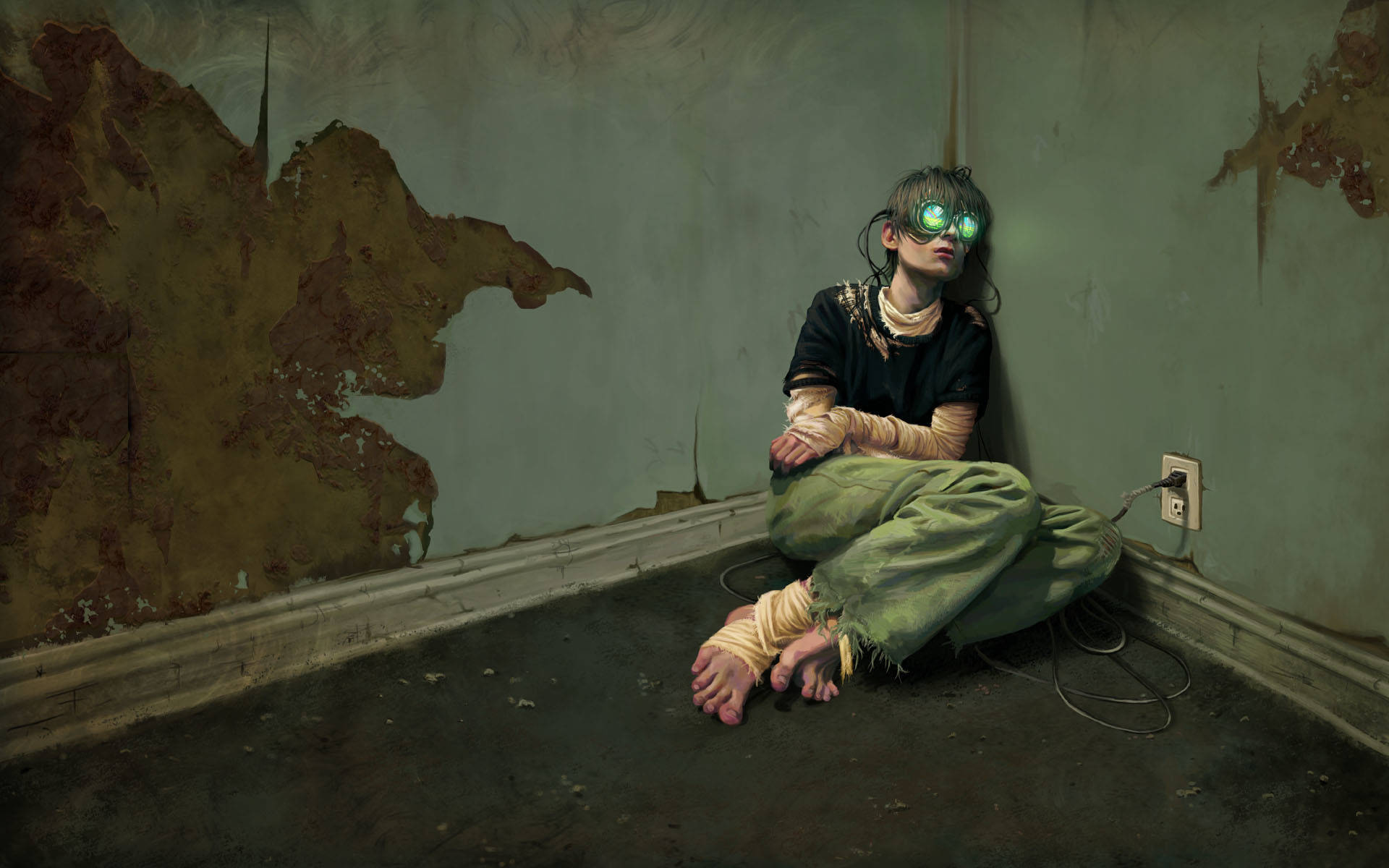 glowing green goggles, dilapidated room, peeling walls, Full HD Desktop Wallpaper