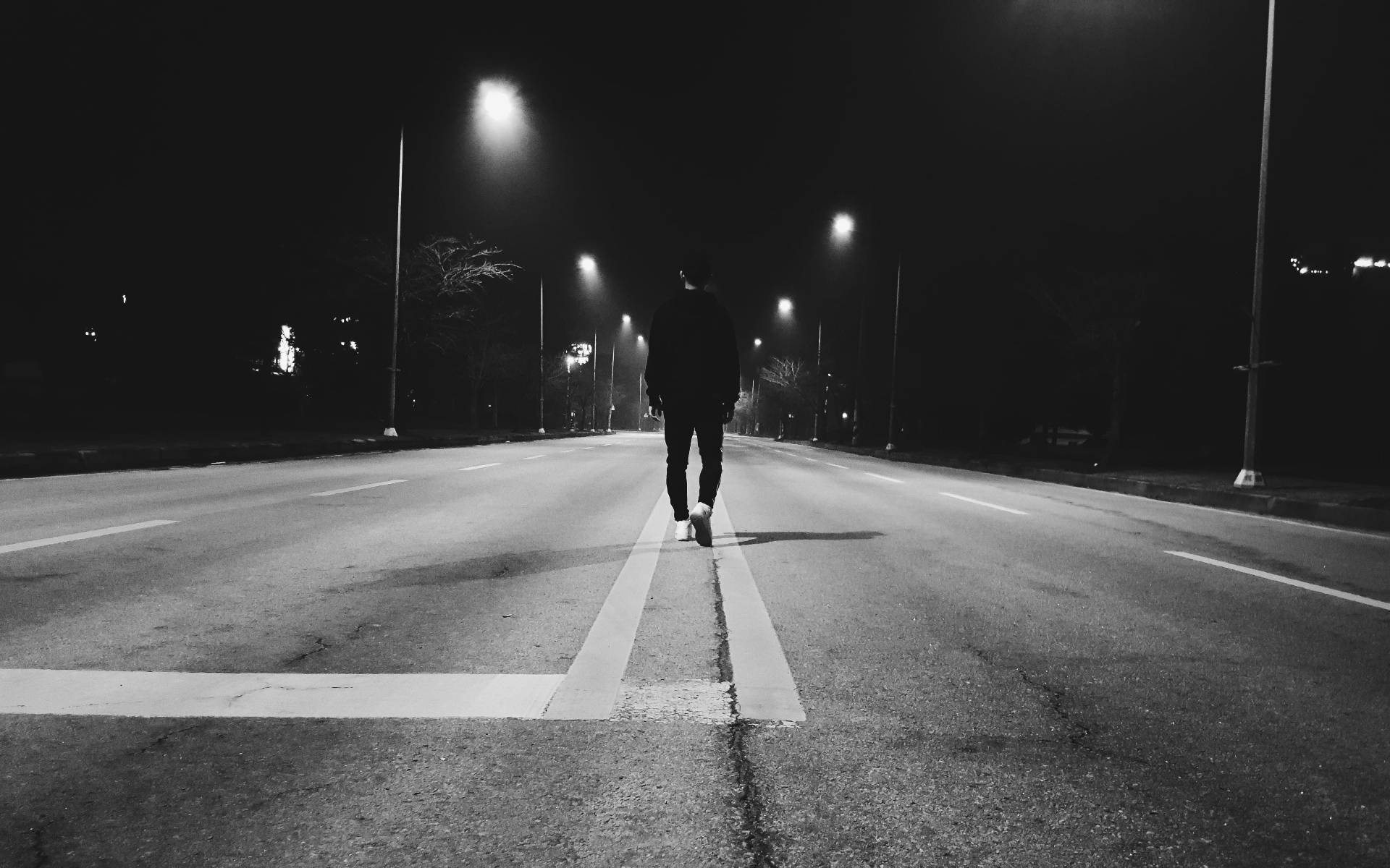 Man, deserted street, night, Full HD Desktop Wallpaper