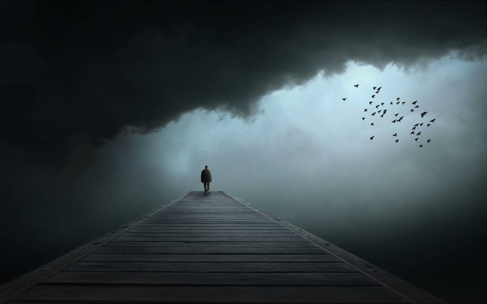 dark sky, wooden pier, misty gloom, Full HD Desktop Wallpaper