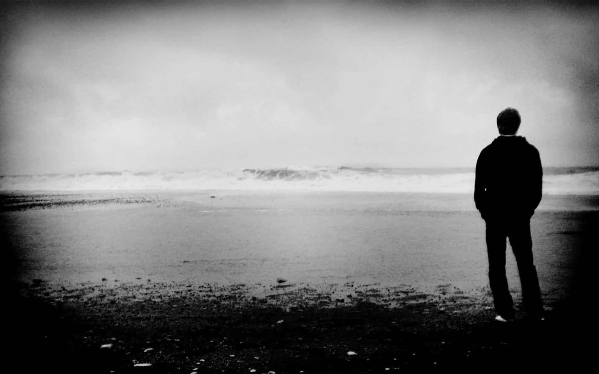 black and white, cool sad boy, misty beach, Full HD Desktop Wallpaper