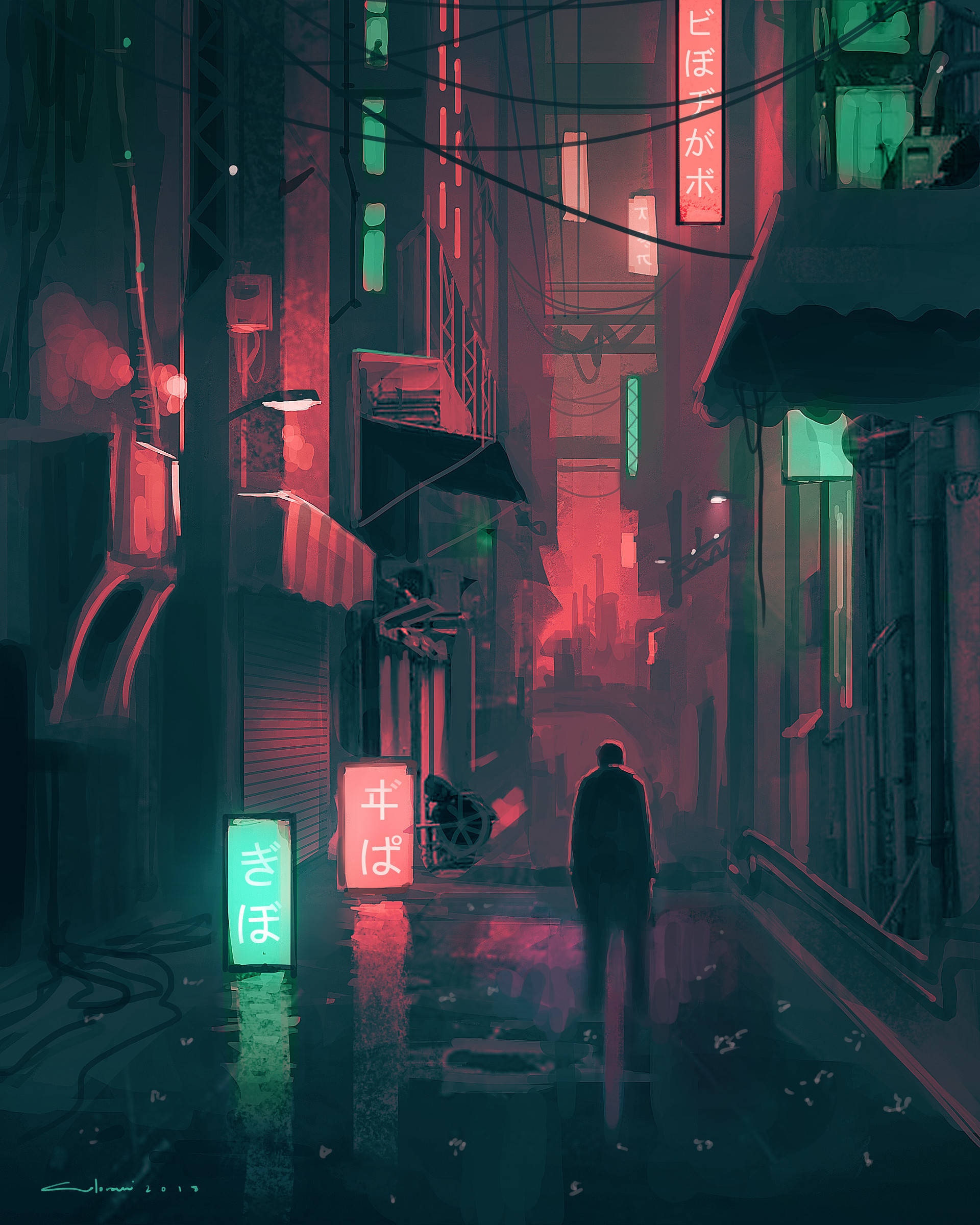 cyberpunk cityscape, rain-slicked neon alleyway, lone figure, Full HD Phone Wallpaper