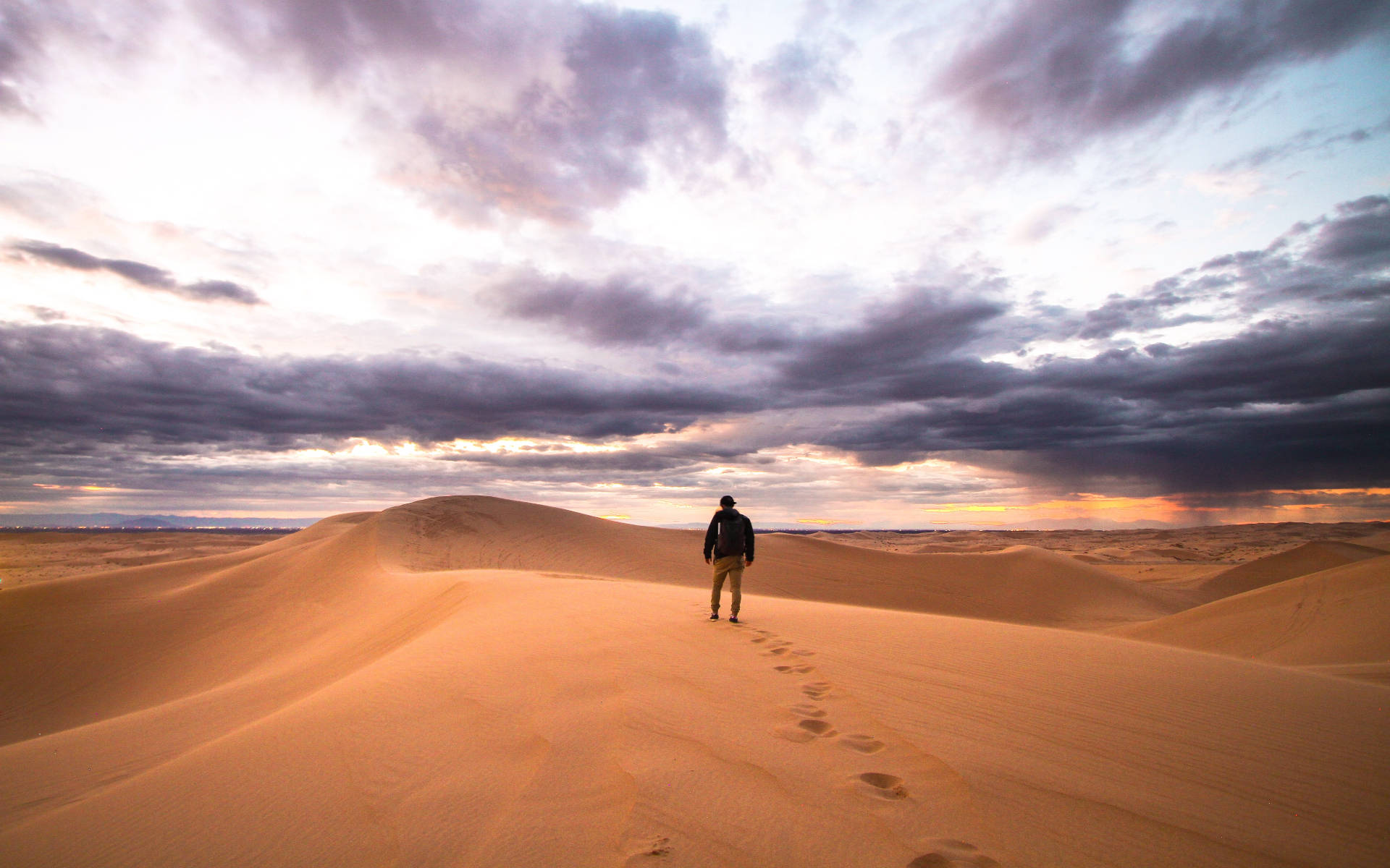 alone man, desert, golden sand dunes, Full HD Desktop Wallpaper