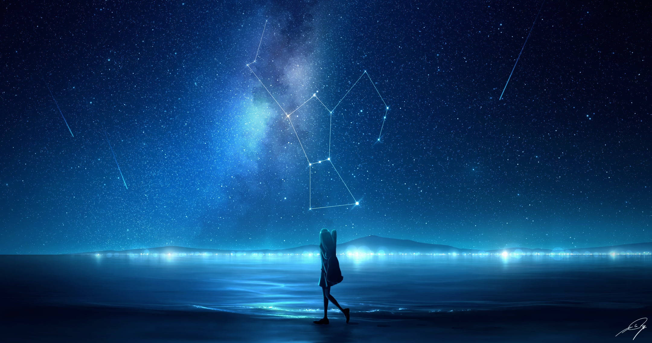 constellation, shooting stars, starry night sky, Full HD Desktop Wallpaper