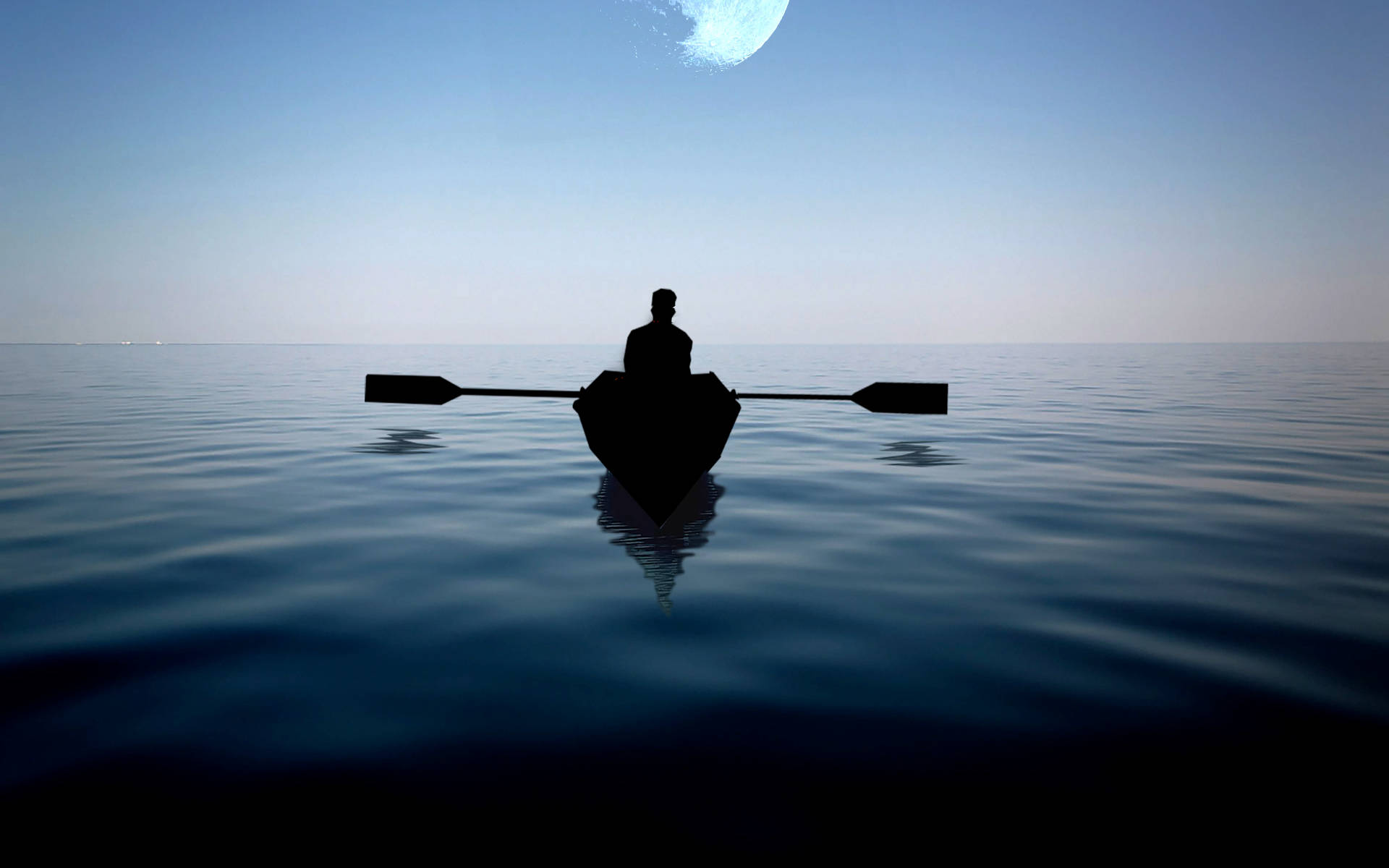 lone rower, small boat, calm water, Full HD Desktop Wallpaper