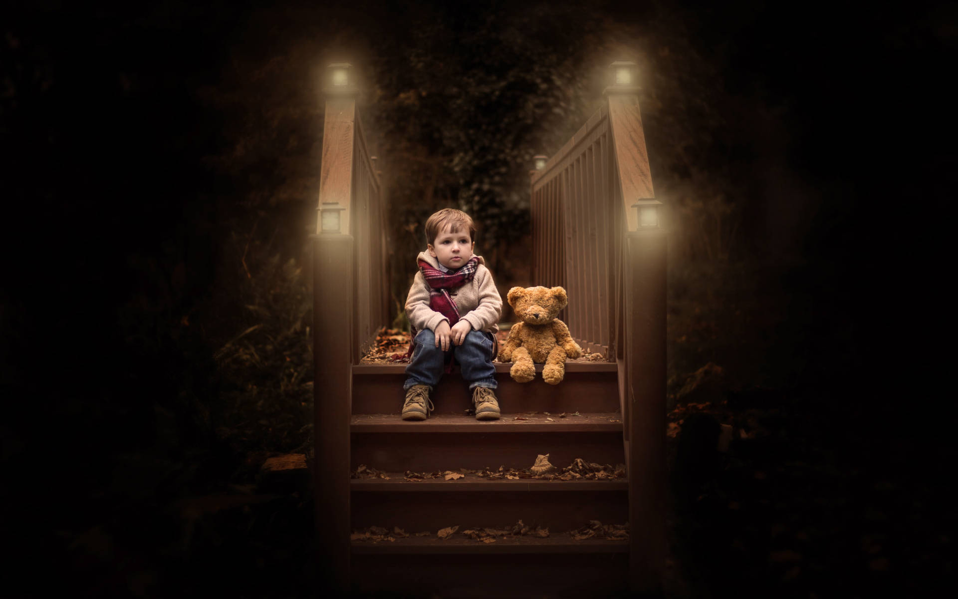 little boy, wooden steps, teddy bear, Full HD Desktop Wallpaper