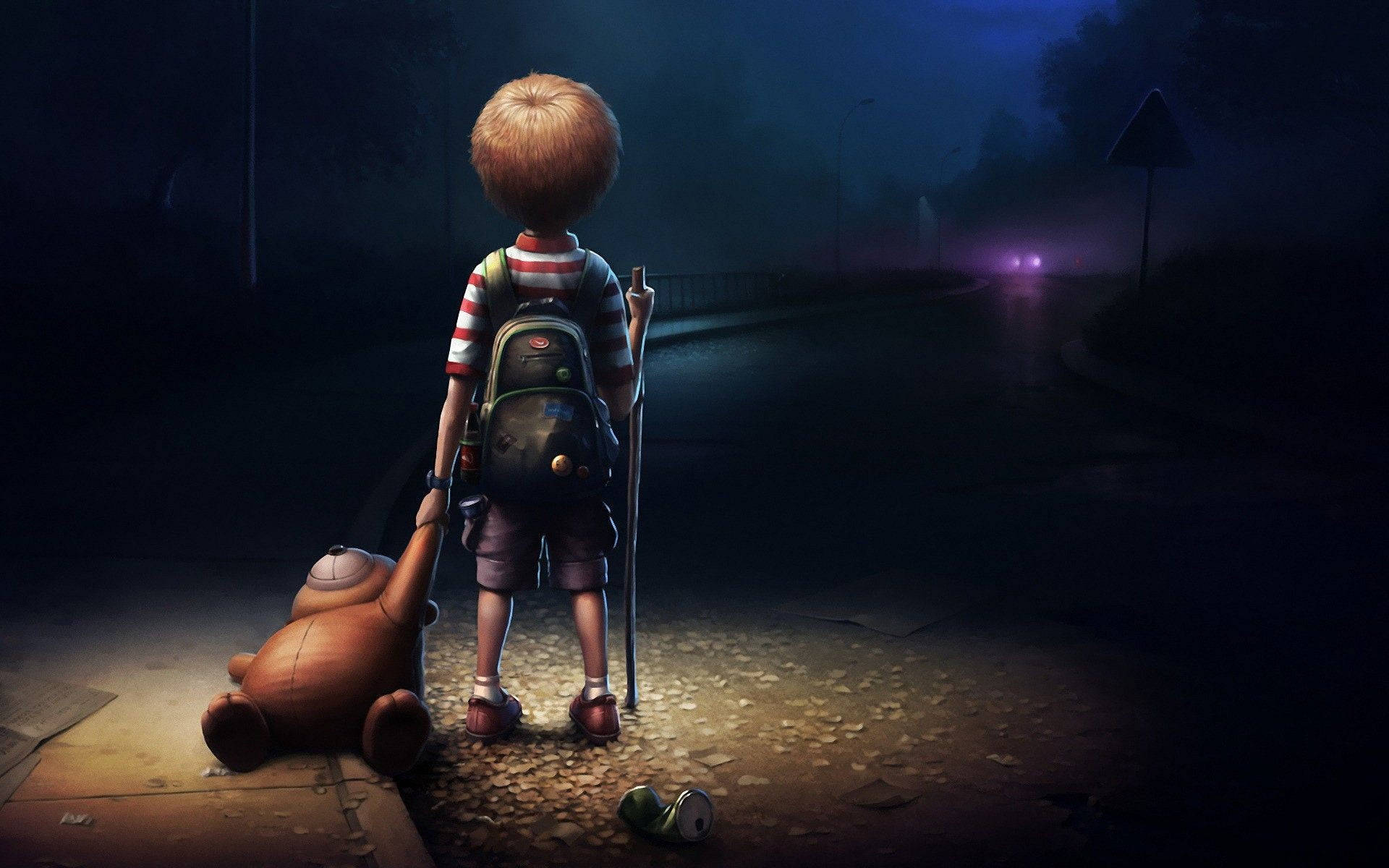 cartoon boy, road, night, Full HD Desktop Wallpaper