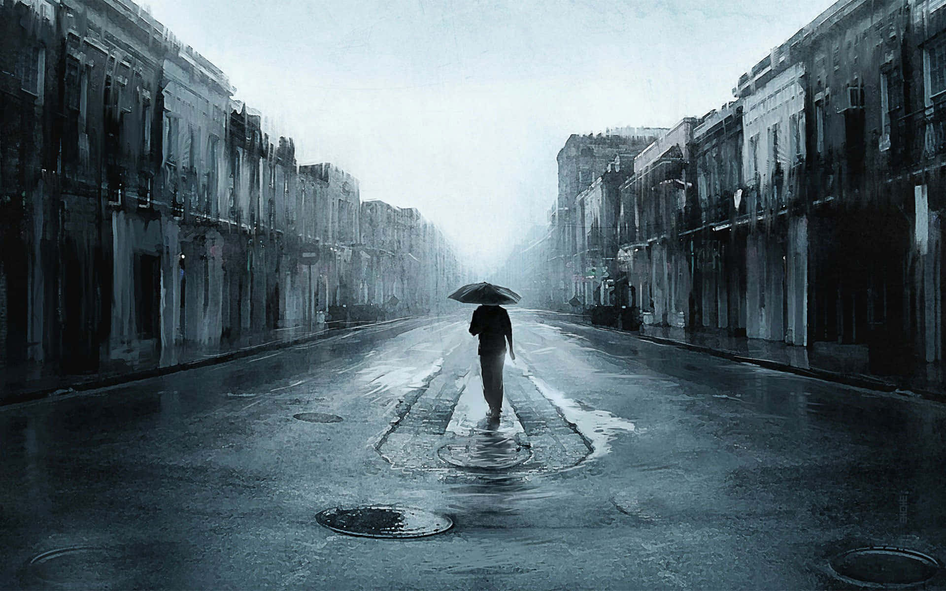 cool sad boy, umbrella, wet city street, Full HD Desktop Wallpaper