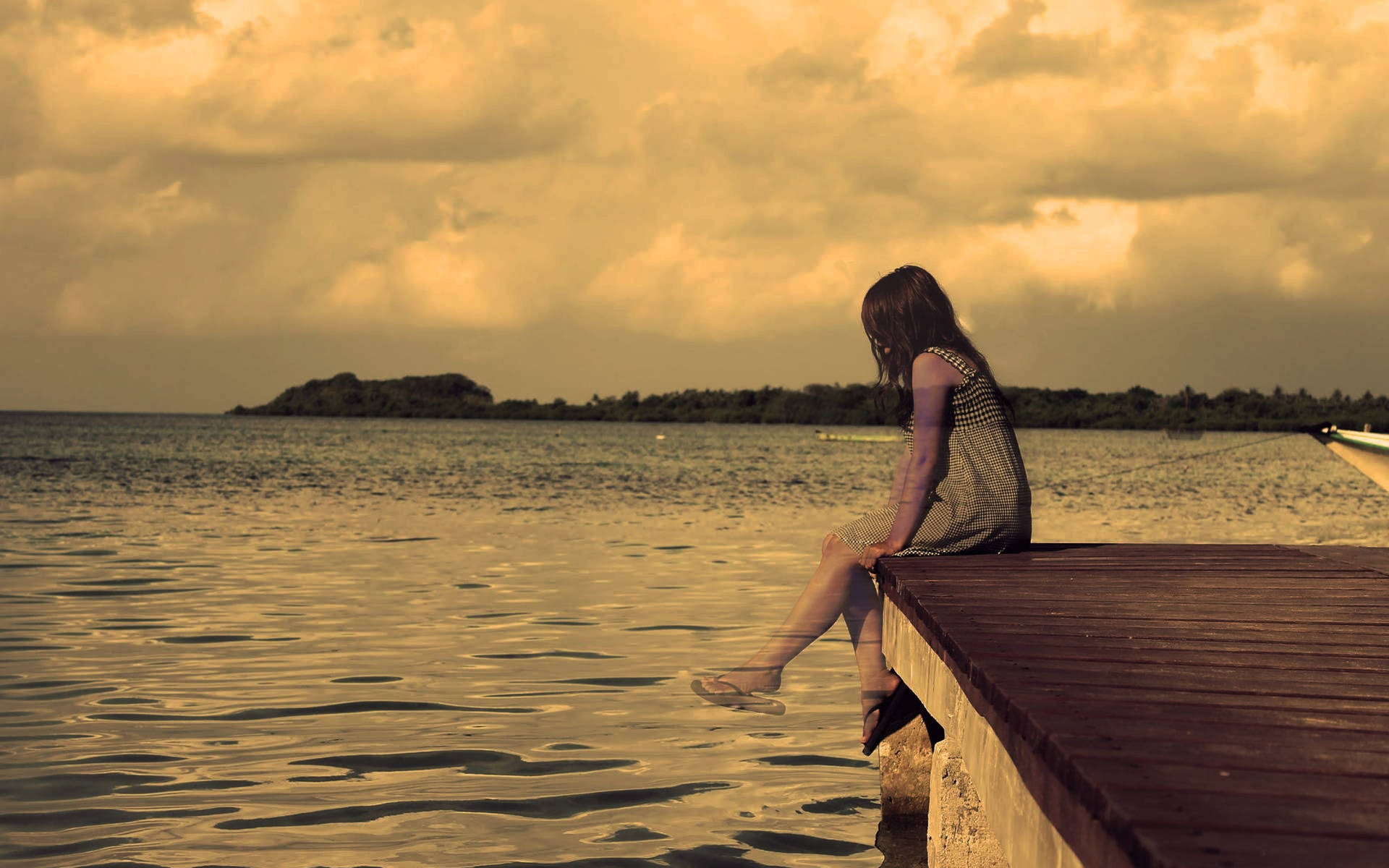 wooden dock, lone woman, golden hour, Full HD Desktop Wallpaper