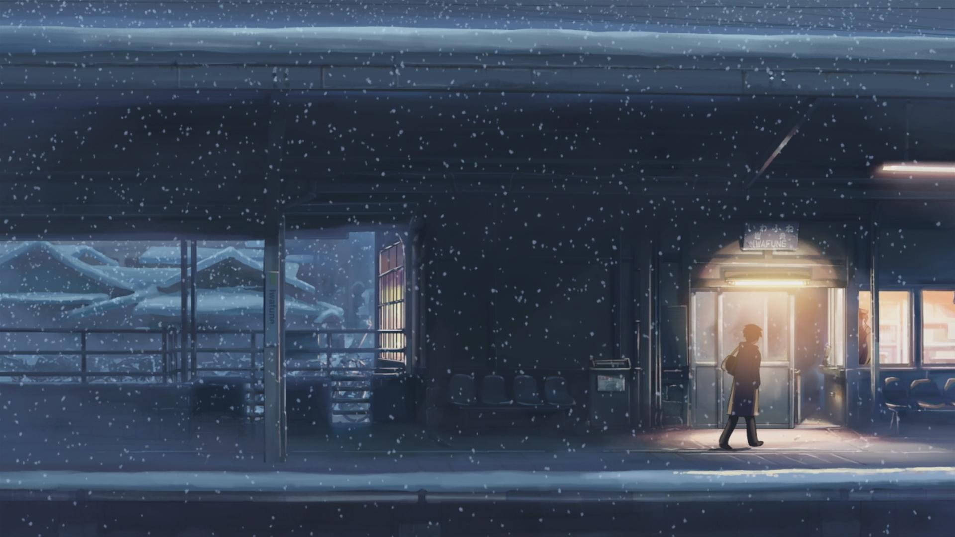 snowy train station, night, warm light, Full HD Desktop Wallpaper