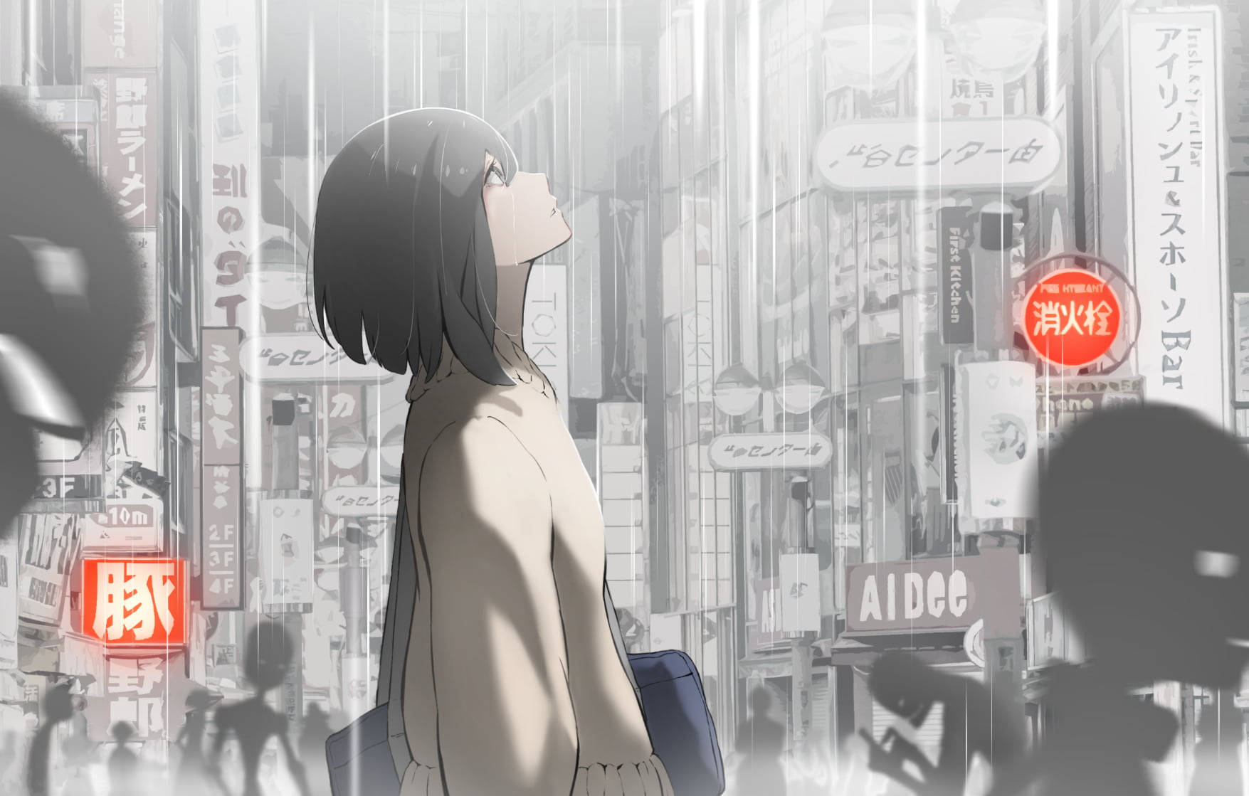 anime girl, rainy Tokyo street, neon signs, HD Desktop Wallpaper