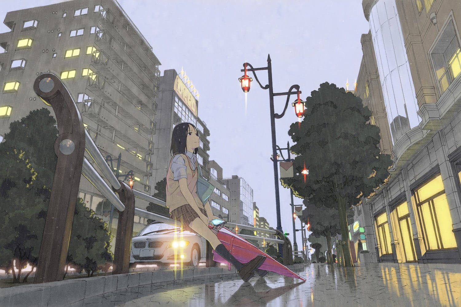 cartoon girl, pink umbrella, wet city street, HD Desktop Wallpaper