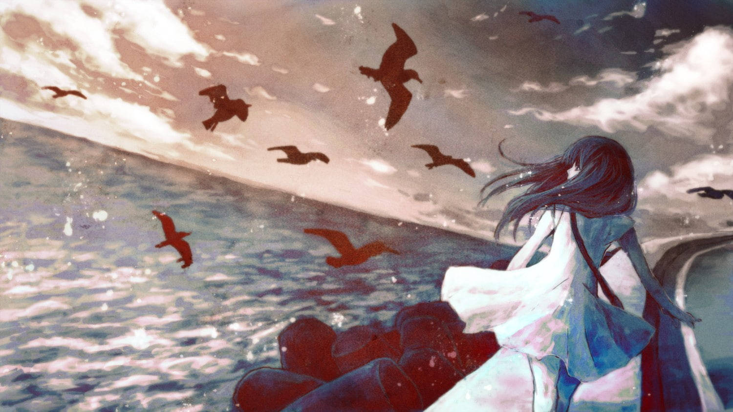 anime girl, flowing white dress, ocean, HD Desktop Wallpaper