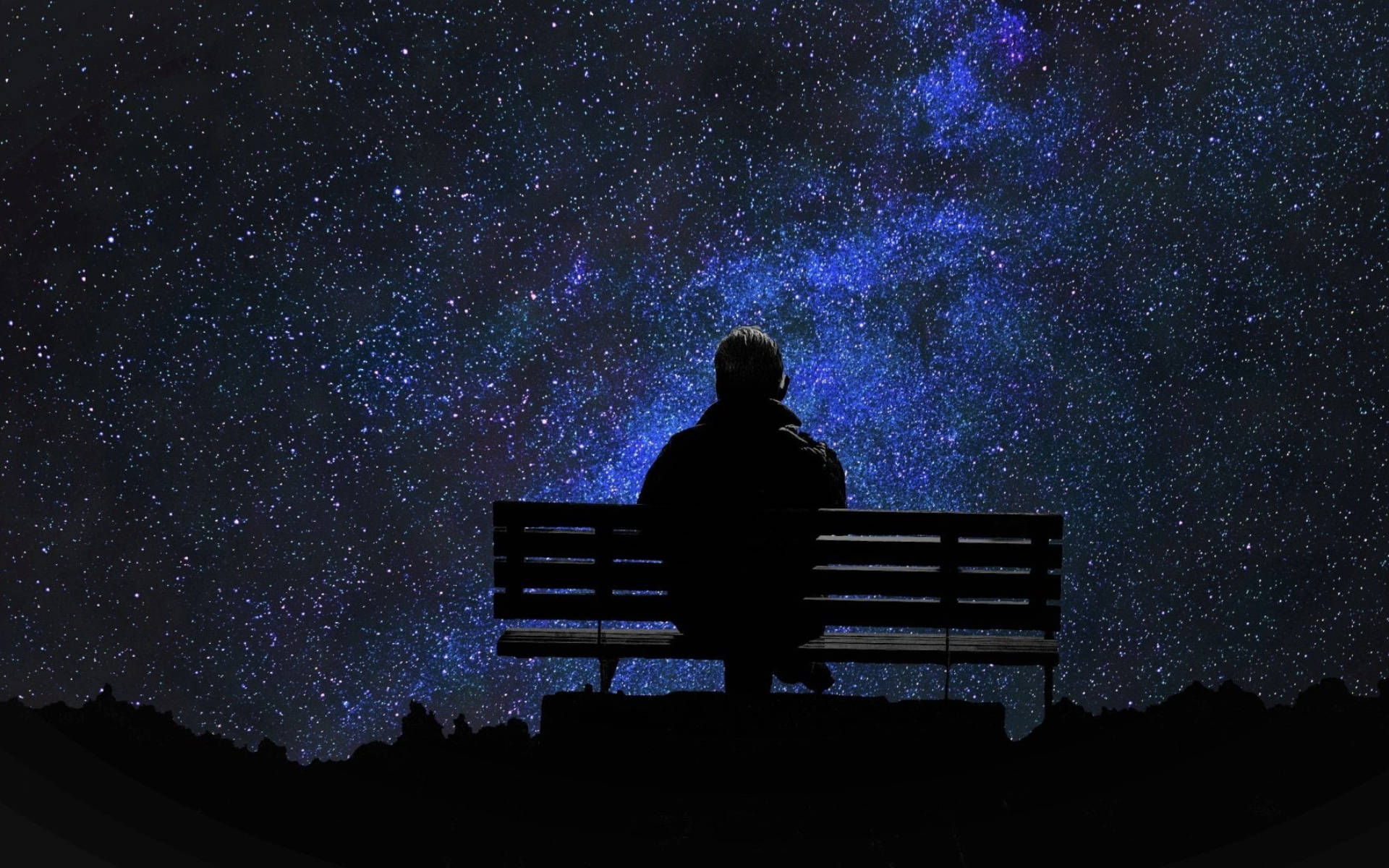 Alone Under The Stars, starry night sky, vibrant blue nebulae, Full HD Desktop Wallpaper