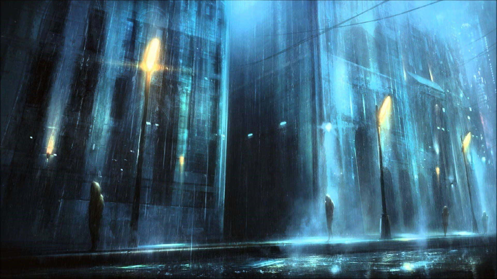 neon-lit urban street, night, rain streaks, Full HD Desktop Wallpaper