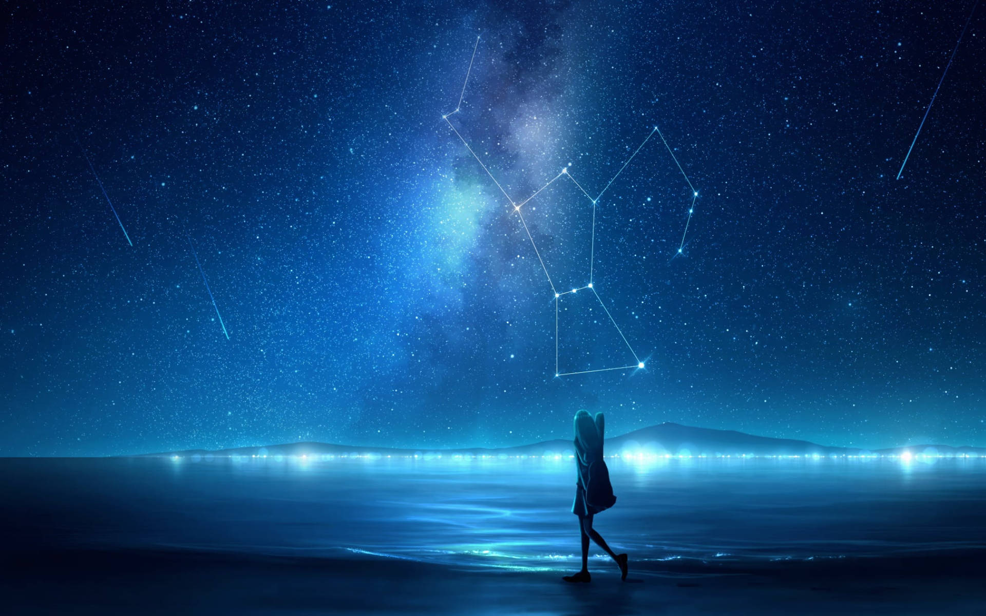 Alone Girl, glowing shoreline, starry night sky, Full HD Desktop Wallpaper