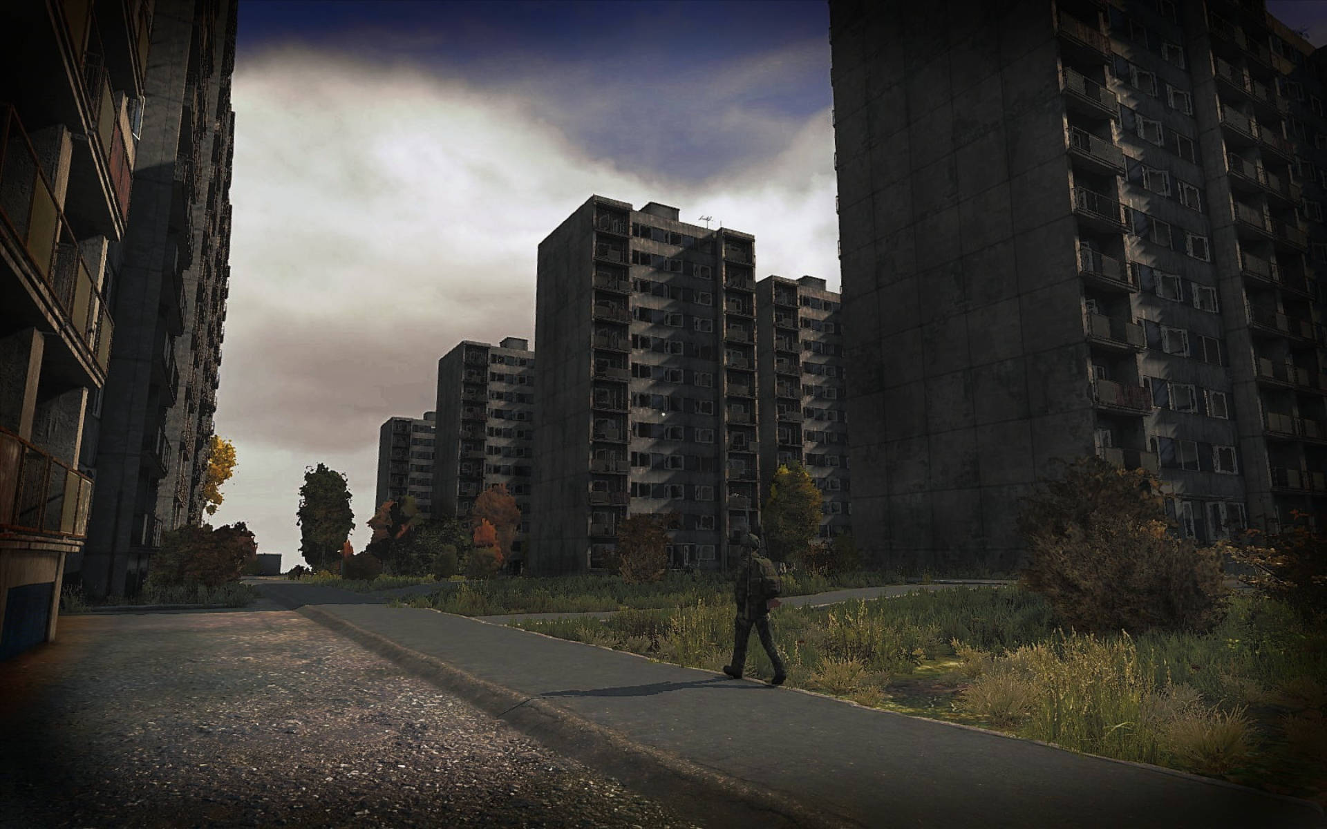 apocalyptic city, cracked asphalt path, towering apartment blocks, Full HD Desktop Wallpaper