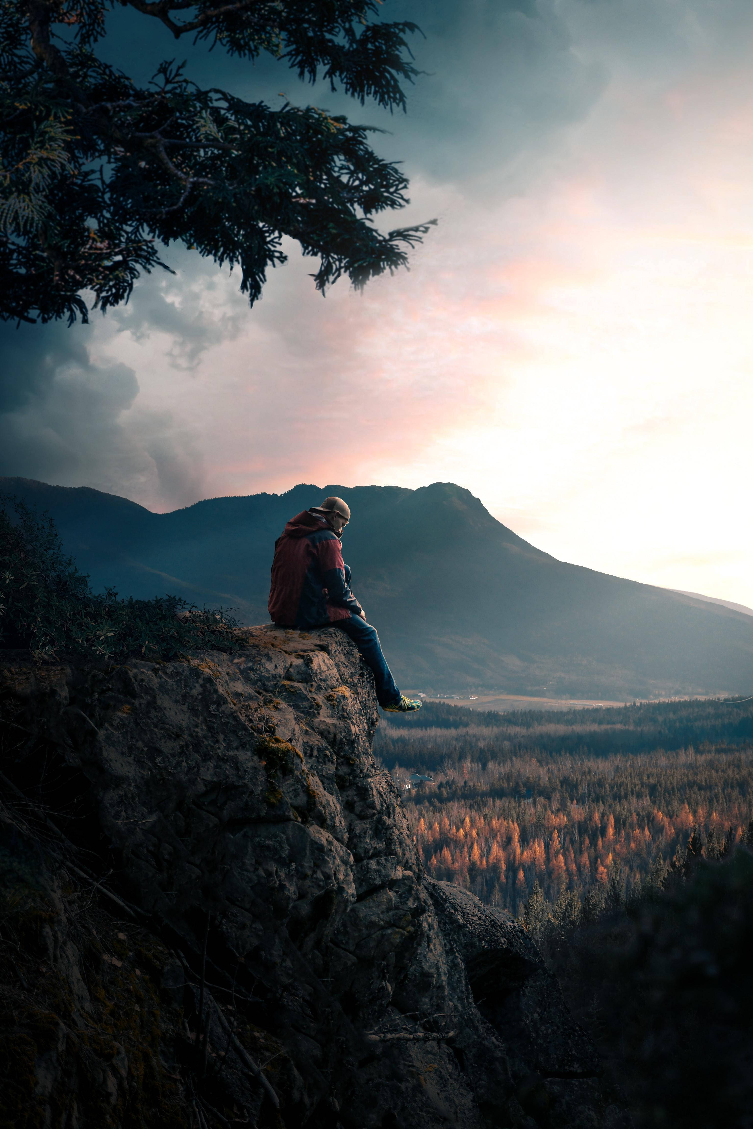 sunset, rocky cliff edge, vast forested valley, 4K Phone Wallpaper