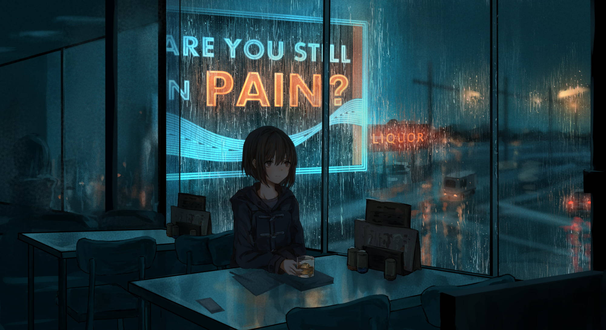 anime girl, rain-streaked window table, dimly lit bar, Full HD Desktop Wallpaper