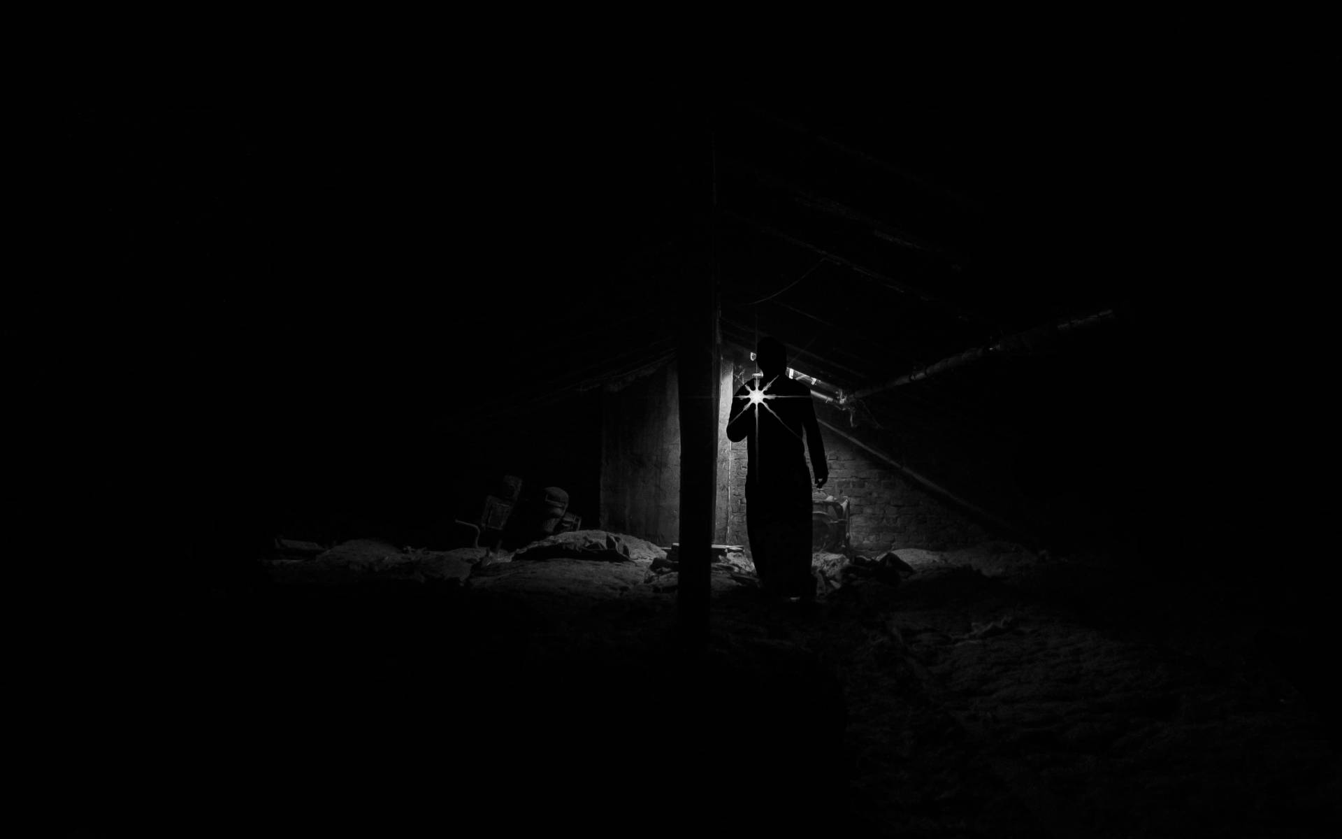 pitch-black attic, bright flashlight, dust motes, Full HD Desktop Wallpaper