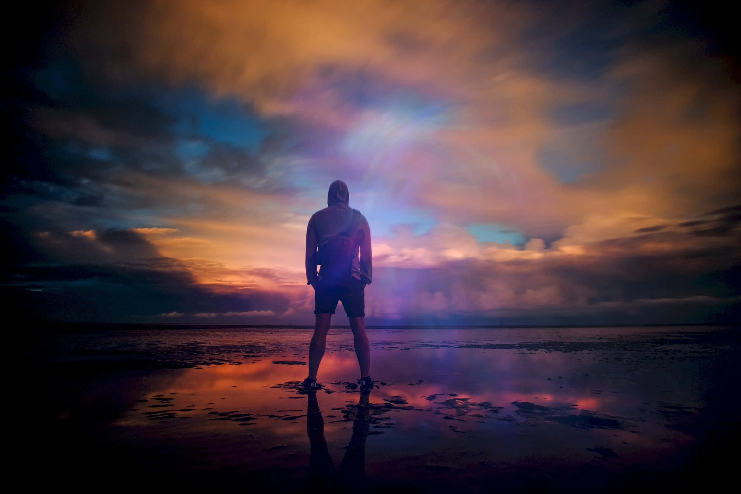 contemplative silhouette, sunset, wet beach, Full HD Desktop Wallpaper