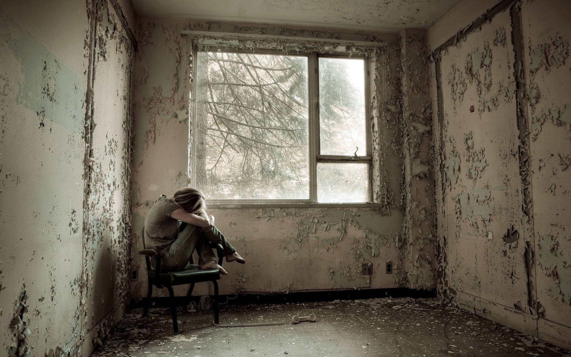 old room, lone person, hunched, Full HD Desktop Wallpaper