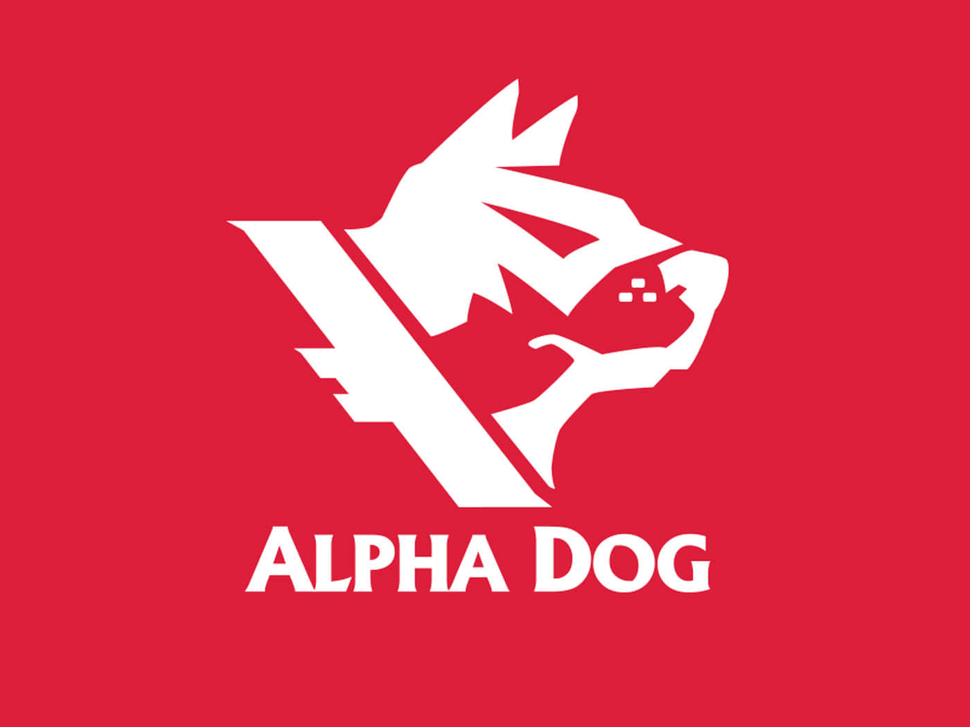 Alpha Dog, white stylized dog head logo, solid red background, HD Desktop Wallpaper