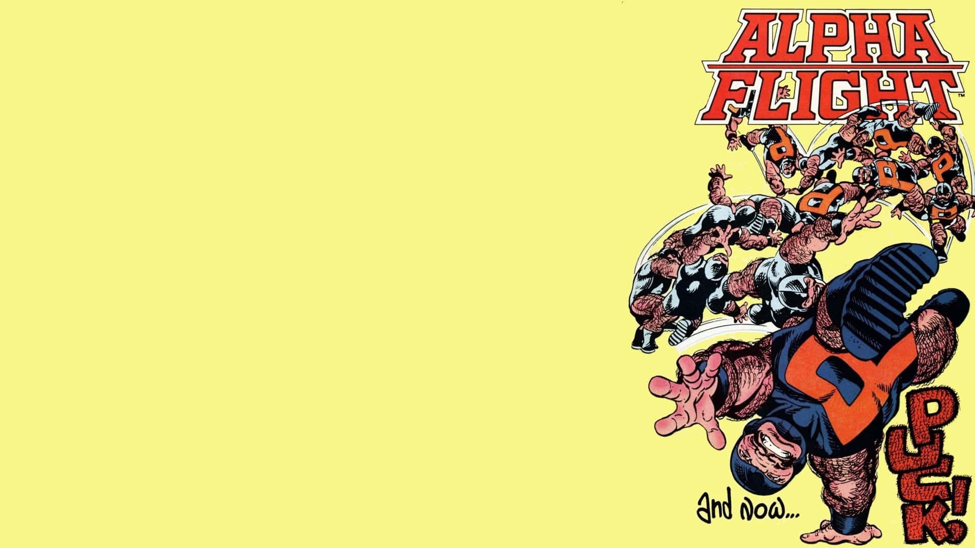 Alpha Flight, yellow background, bold red title, Full HD Desktop Wallpaper